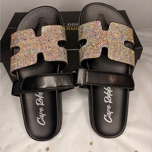 Cape Robbin Black Slides with Multicolor Rhinestones